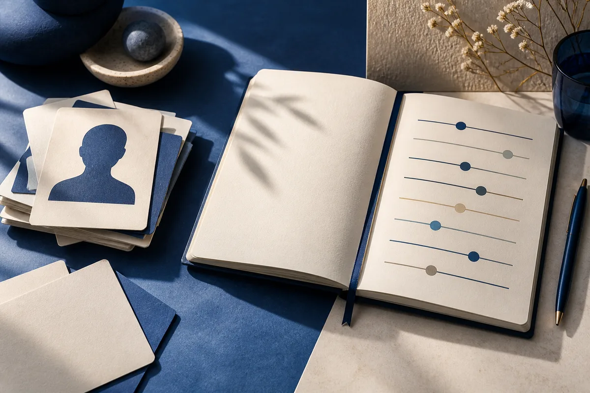 An open notebook with colored dots on horizontal lines beside stacked cards with a blue profile silhouette, blank cards, a pen, and a small bowl.