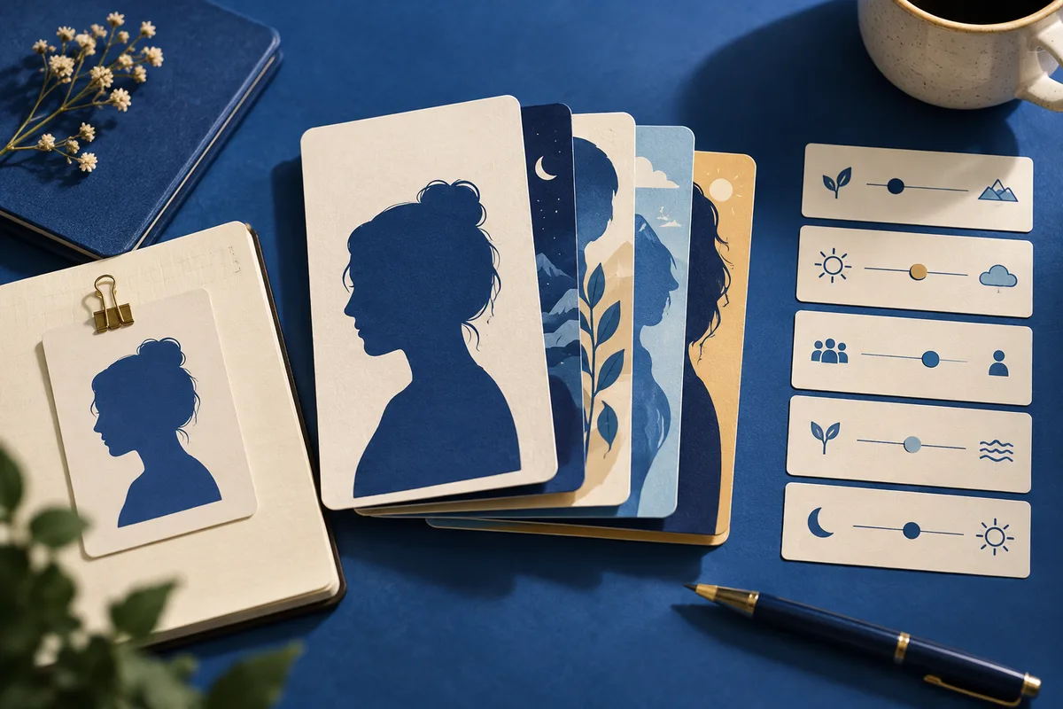 A spread of cards with blue profile silhouettes, leaves, mountains, a moon, and other small symbols, beside cards with lines and colored dots.