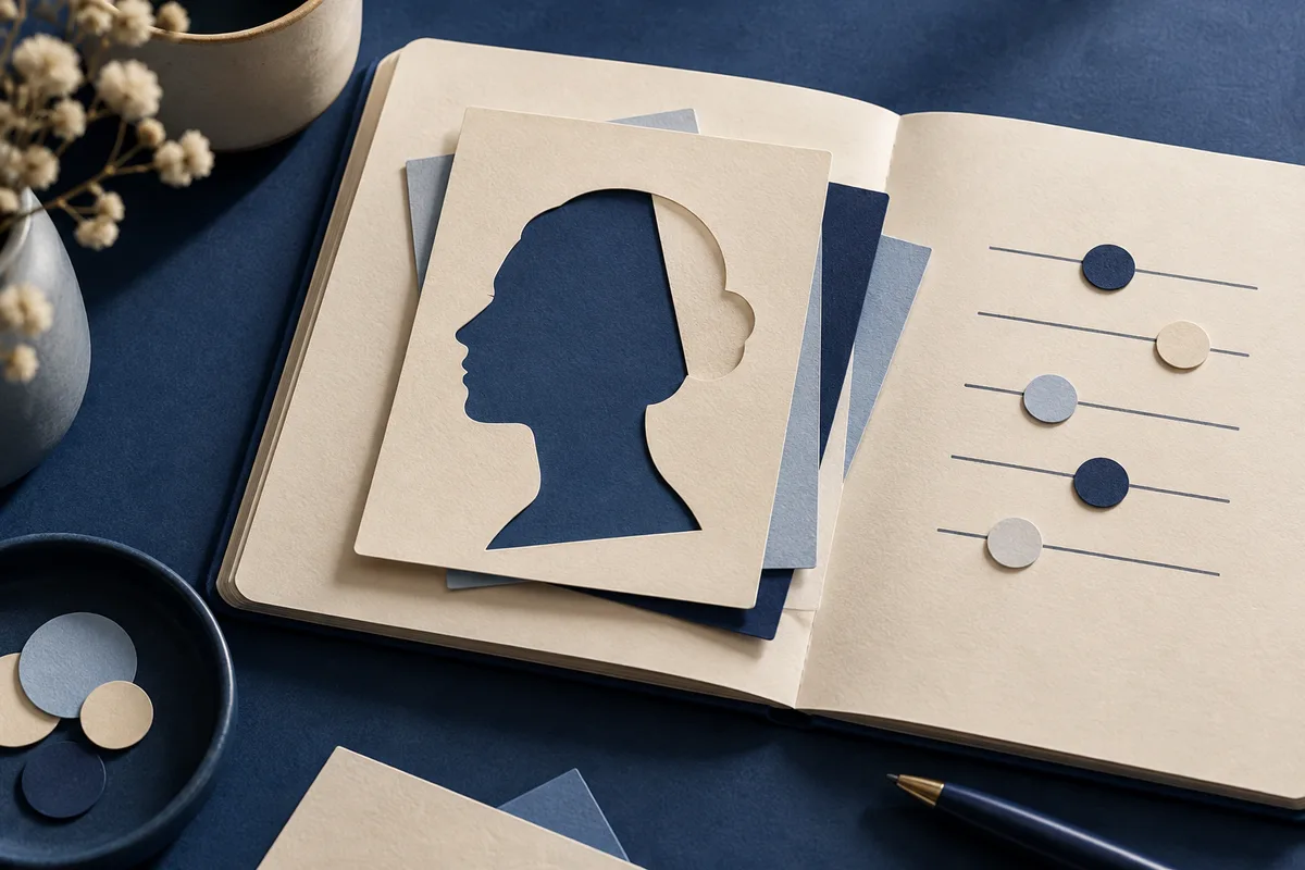 An open notebook holds a cutout card with a blue profile silhouette; the opposite page has horizontal lines with colored circles.