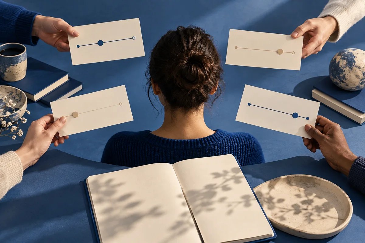Person seen from behind at a blue table, surrounded by hands holding cream cards with blue and tan slider markers; an open notebook and bowls sit nearby.