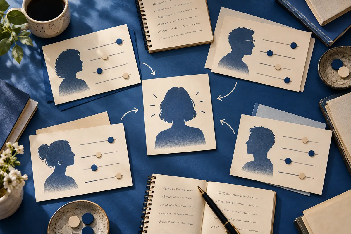 Overhead arrangement of cream cards showing blue profile silhouettes and slider markers, linked by curved arrows, with notebooks, a pen, a cup, and plants around them.