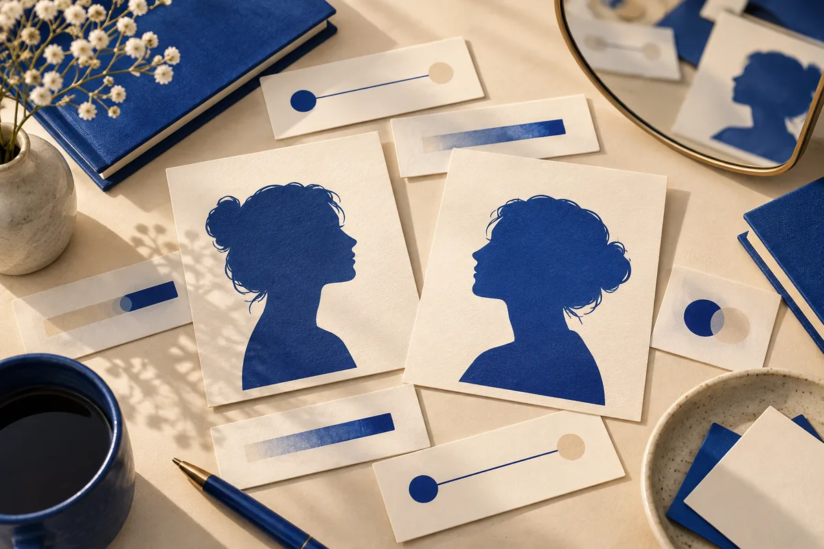 Two blue side-profile silhouettes on cream cards surrounded by slider cards, blue notebooks, a pen, a coffee cup, flowers, and a mirror.