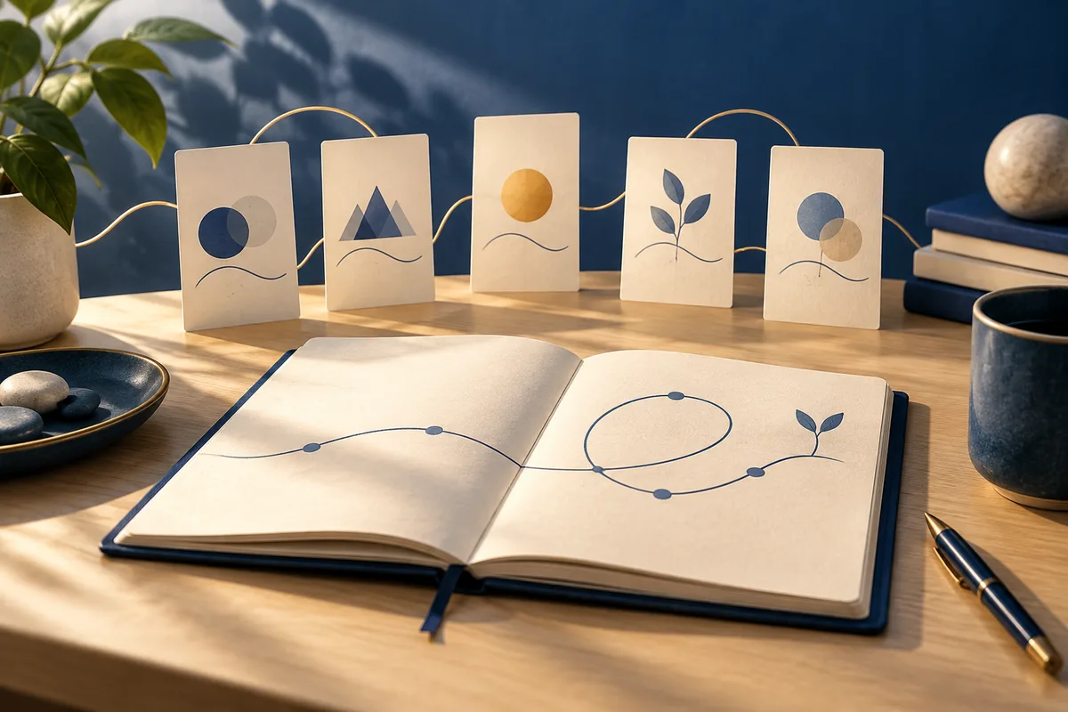 Open notebook with connected dots and five cream cards displaying abstract geometric and botanical symbols on a wooden desk.
