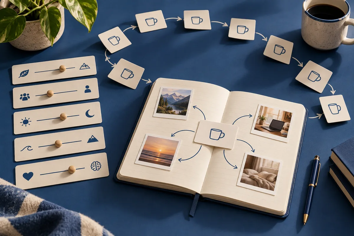 Open notebook with four small photographs and arrows around a central cup symbol, surrounded by slider cards and more cup symbols.