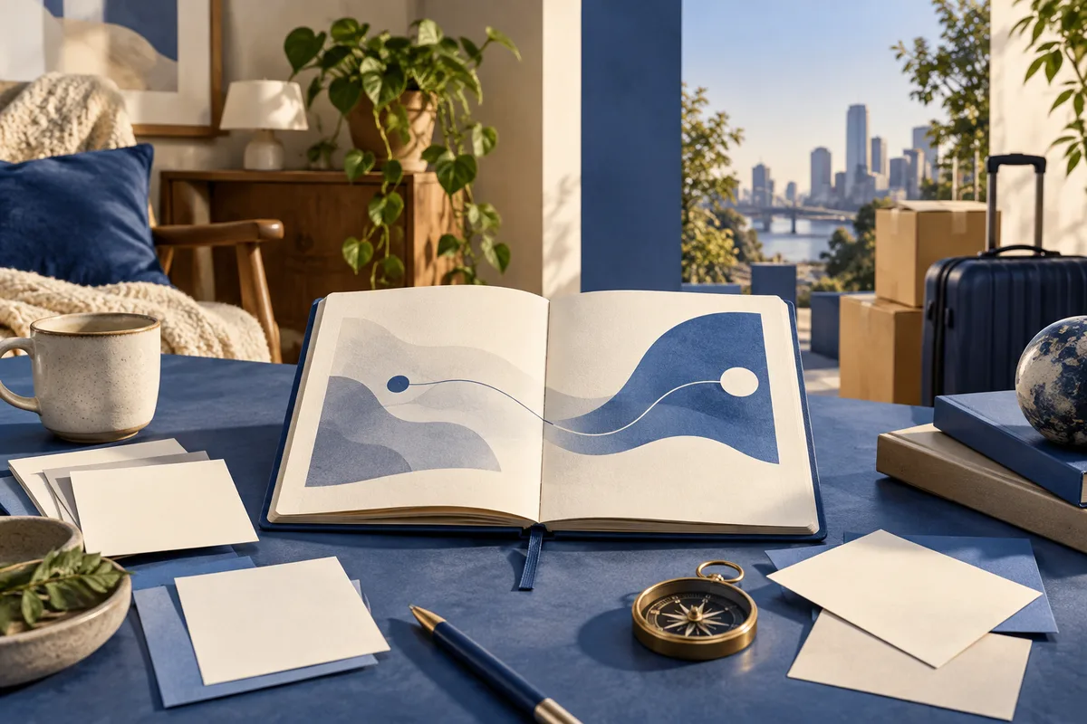 Open notebook with an abstract blue line design on a blue table, beside a mug, compass, suitcase, boxes, and a city skyline visible through the window.