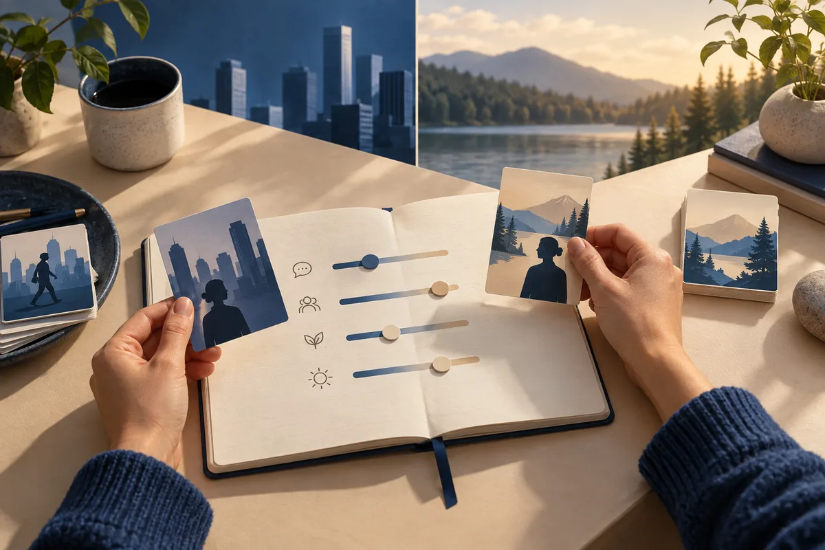 Hands hold illustrated cards showing a city and a mountain landscape above an open notebook with four horizontal sliders and simple icons.