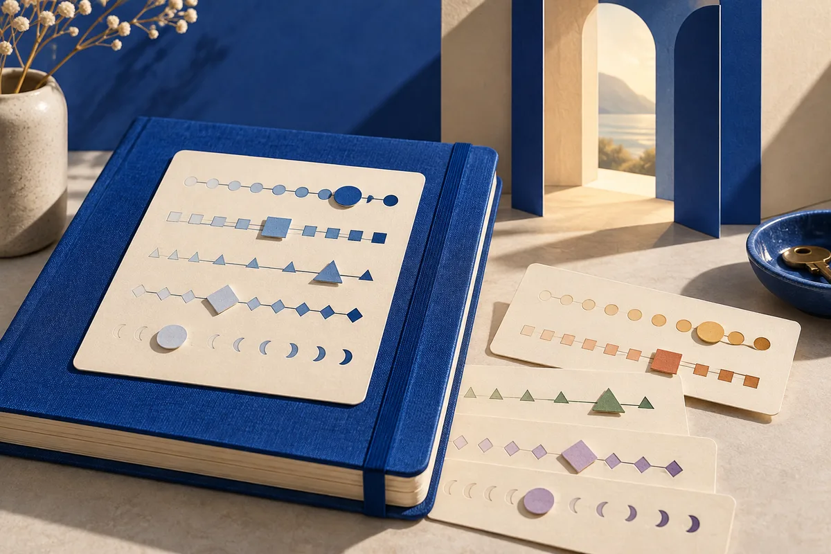 Blue notebook and several cards display rows of colored circles, squares, triangles, diamonds, and crescent shapes beside an arched mountain view.