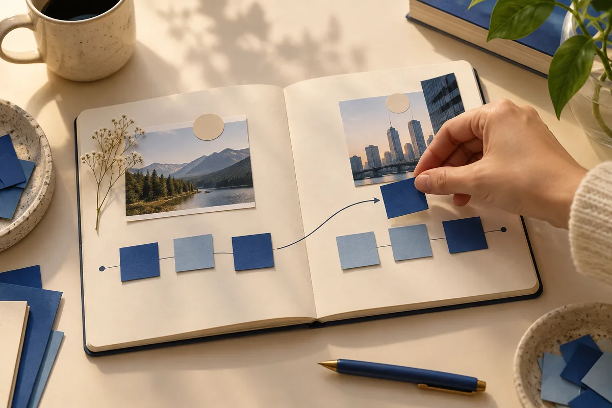 A hand places a blue square on an open notebook diagram linking a mountain lake photograph with a city skyline photograph.
