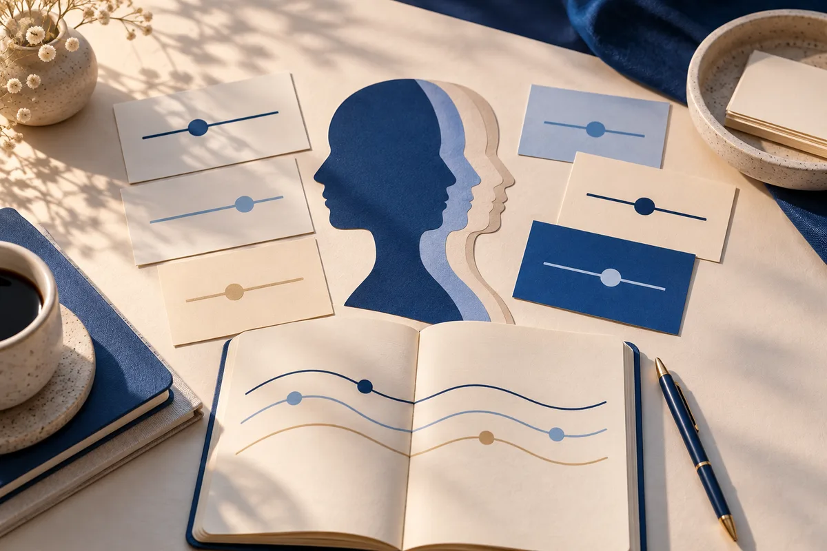 Overhead still life with layered profile silhouettes, cards marked by lines and dots, and an open notebook with curved lines on a cream tabletop. A cup, pen, books, bowl, and dried flowers surround the arrangement.