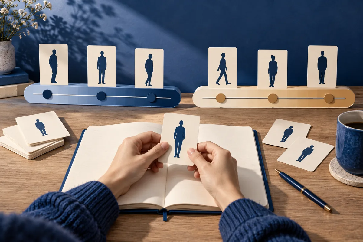 Hands hold a card with a blue human silhouette above an open notebook. Behind it, silhouette cards rest on two blue and cream slider bars, with more cards, a pen, a cup, books, and flowers on a wooden table.