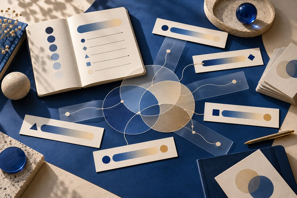 An open notebook and abstract blue-and-cream cards arranged around overlapping translucent circles and connecting lines on a dark blue surface.