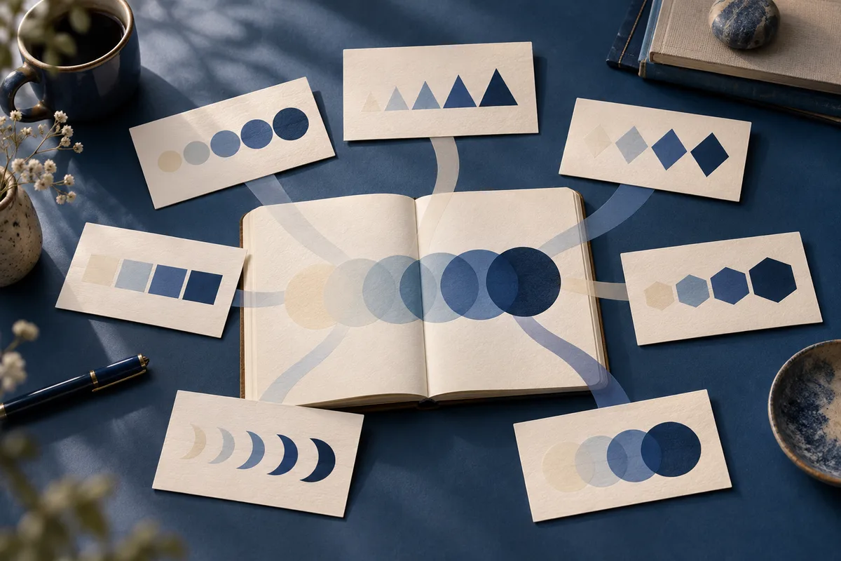 An open notebook with overlapping blue and cream circles, surrounded by cards displaying rows of geometric shapes on a dark blue surface.
