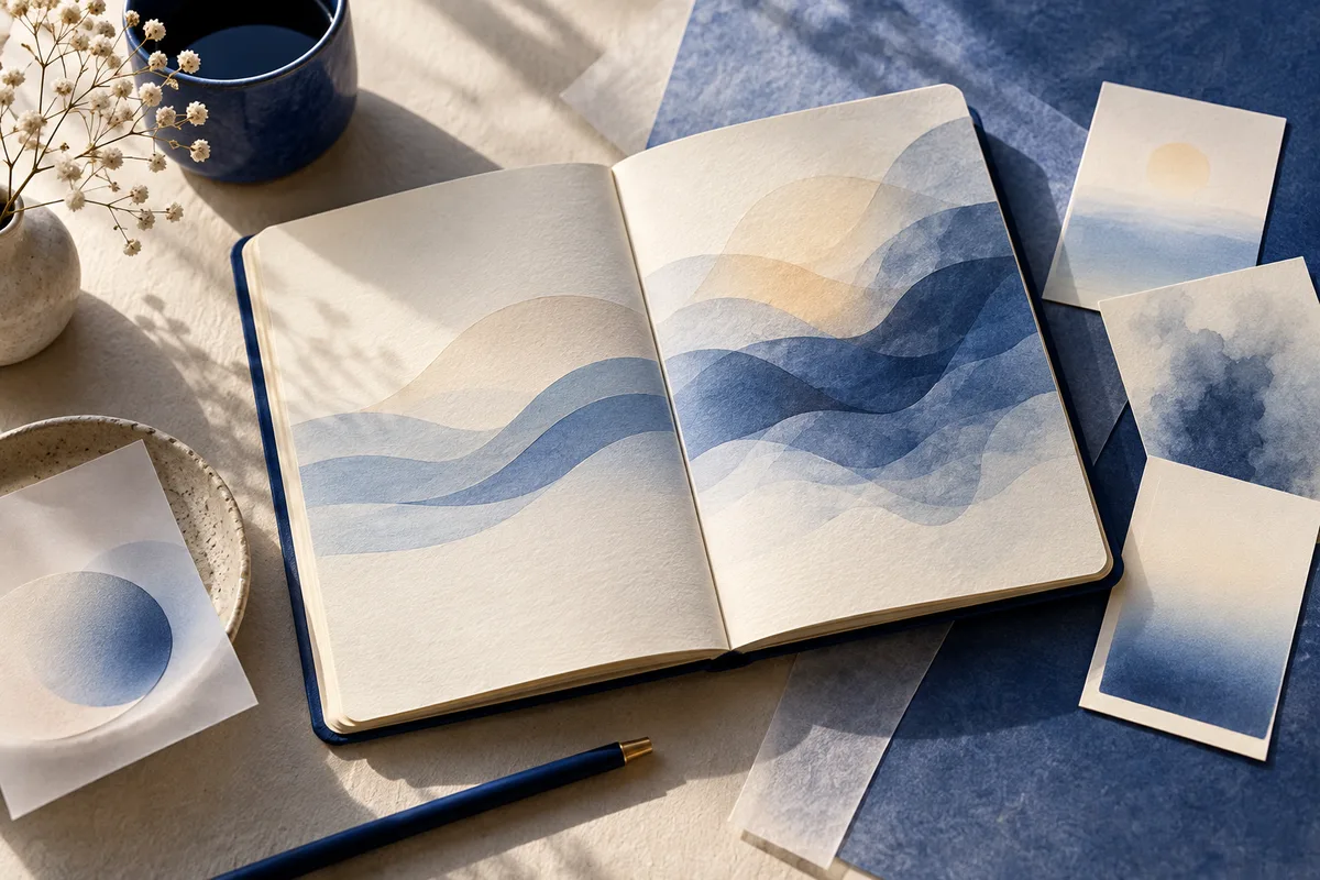 An open cream notebook with layered blue and pale gold wave shapes, surrounded by matching cards, a blue pen, a dark blue cup, and small white flowers.