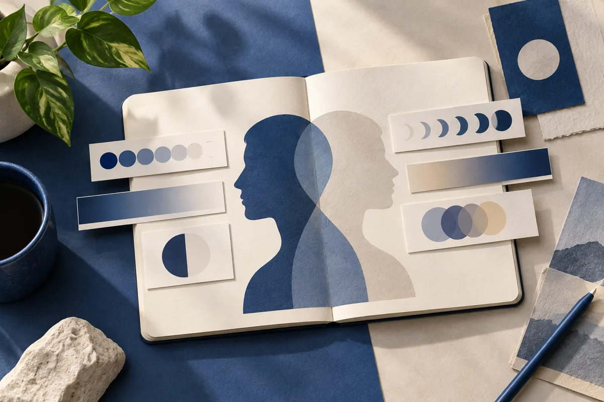 Overhead still life with an open notebook showing overlapping blue and cream profile silhouettes, abstract color-scale cards, a plant, a cup, a pen, and a stone.