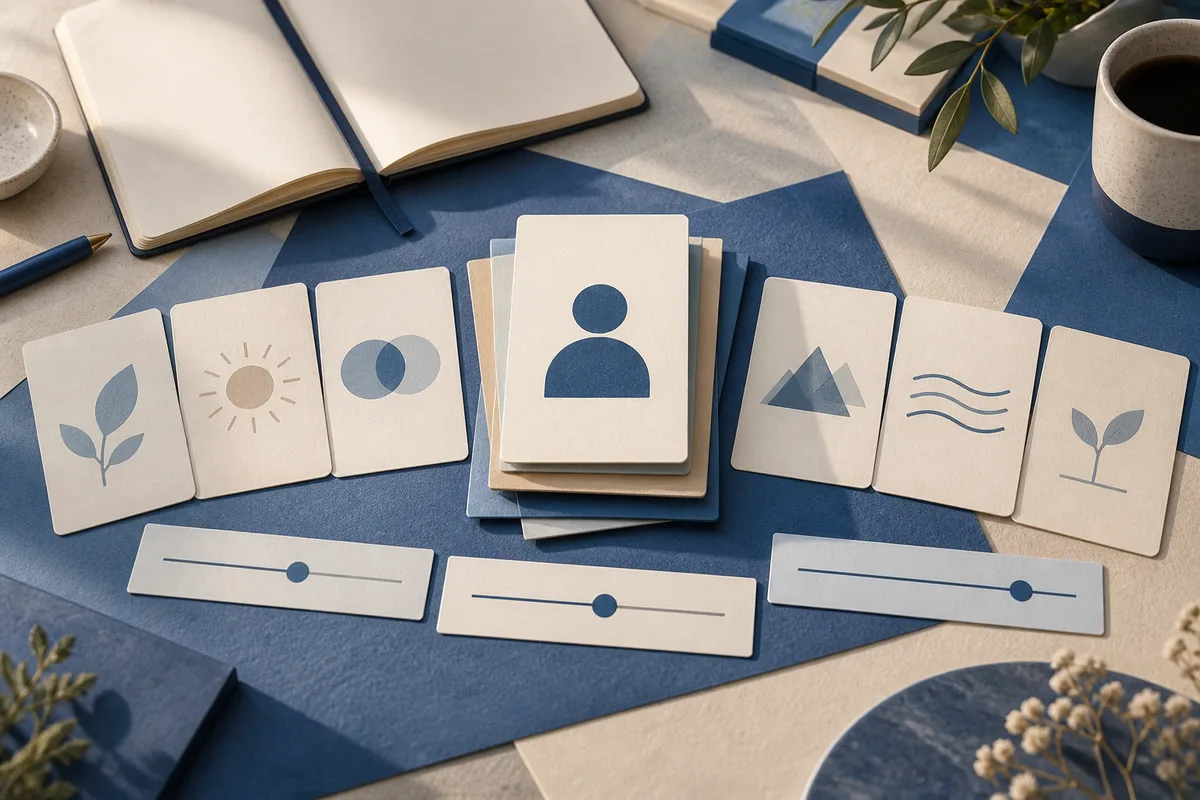 Overhead arrangement of cards with abstract symbols, three horizontal slider cards, stacked cards with a person icon, an open notebook, a cup, and plant branches.