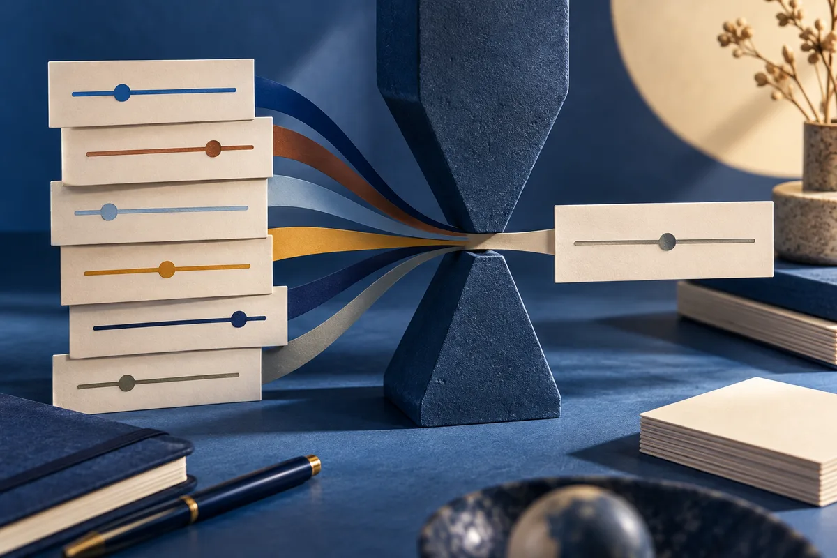 A stack of cream cards with colored horizontal lines and dots sits beside dark geometric shapes, with colored bands converging between them. Books, pens, blank cards, and a small vase appear on a blue surface.