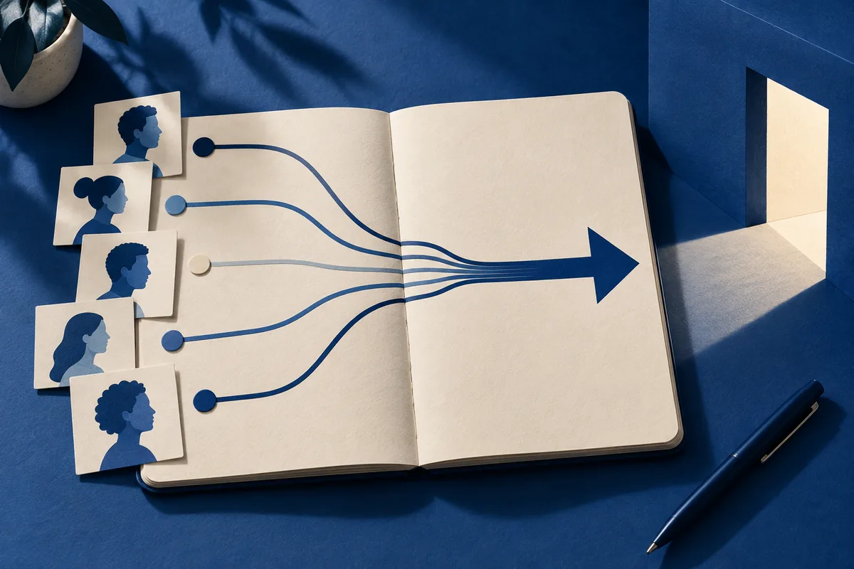 An open notebook shows several colored lines converging into a blue arrow. Five cards with blue profile silhouettes line the left side, with a pen, plant, and lit doorway nearby.