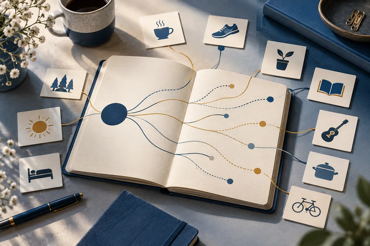 An open notebook with colored branching lines connects illustrated cards showing everyday objects and activities, including a cup, shoe, plant, book, guitar, bed, cooking pot, and bicycle.