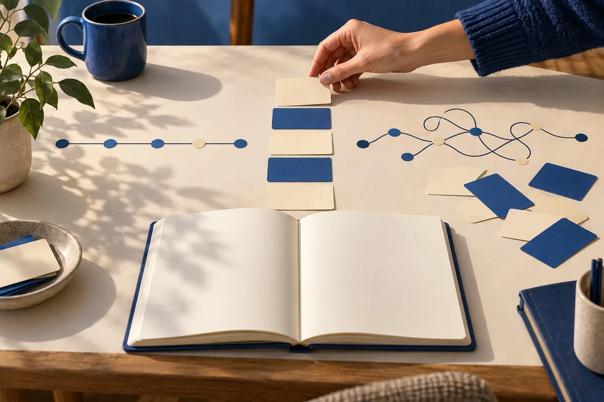 A hand places a cream card beside blue and cream cards, line diagrams, and an open blank notebook on a desk with a mug and potted plant.